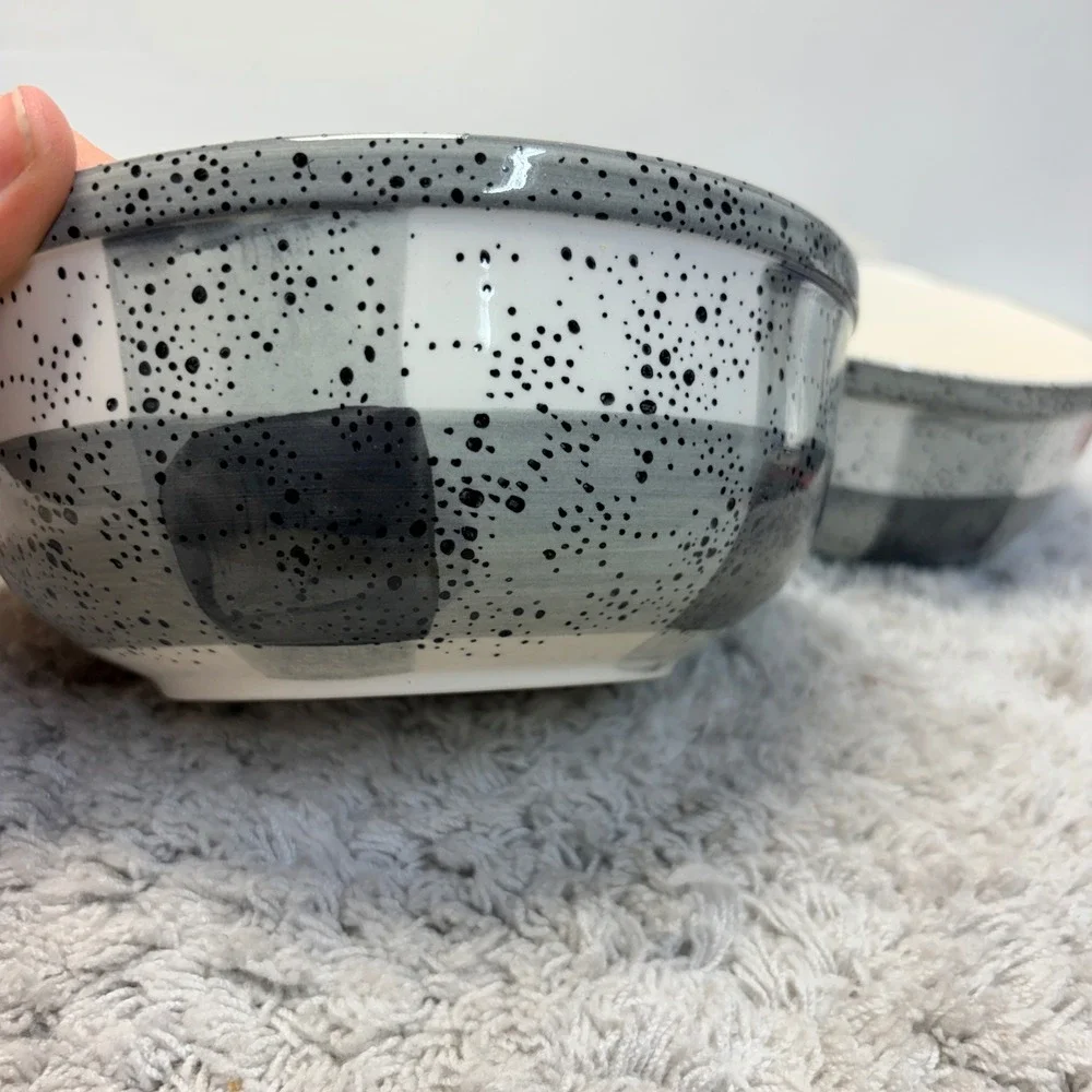 Baum Vale Grey White Buffalo Plaid Speckled China Cereal Bowls Set of 4